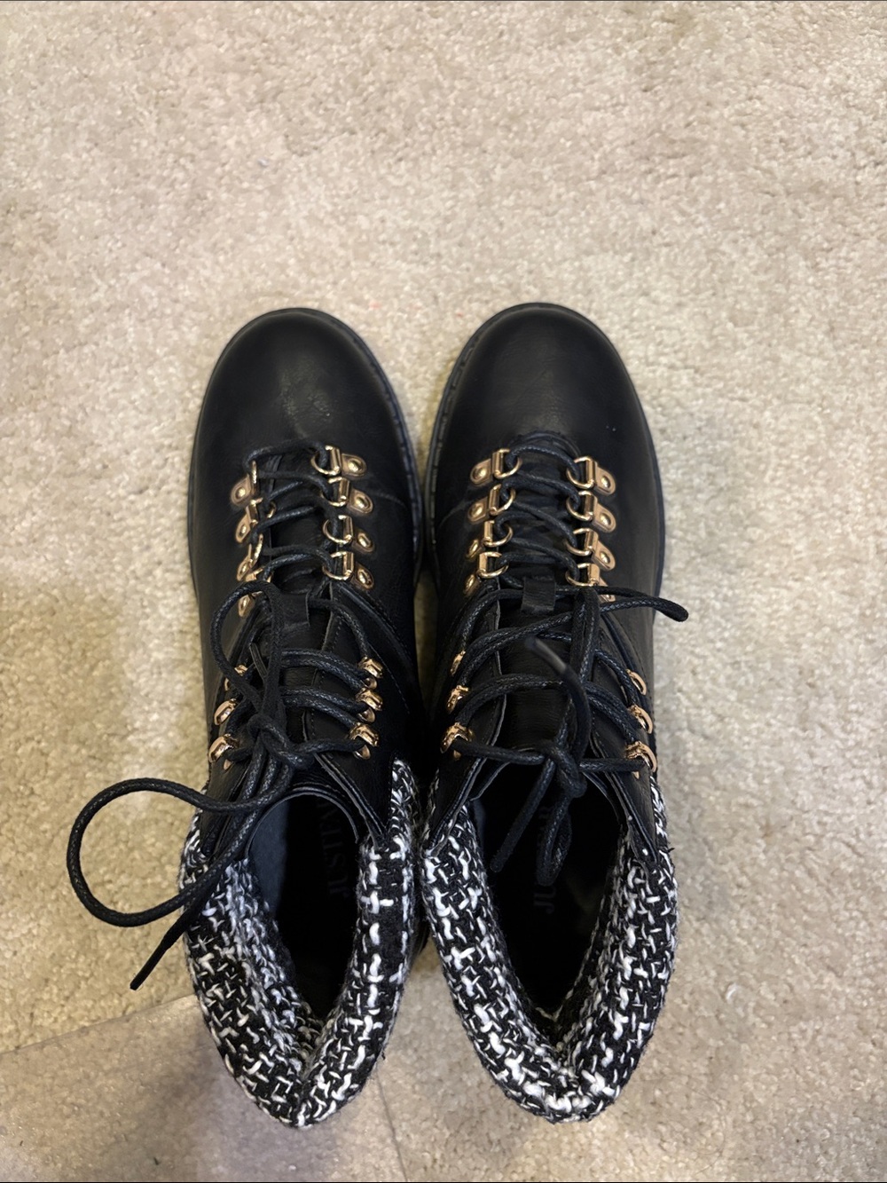 JustFab Black Lace-Up Ankle Boots with Tweed Collar and Gold Eyelets